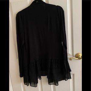 LOGO by Lori Goldstein Black stretch jacket with lace flounce trim.